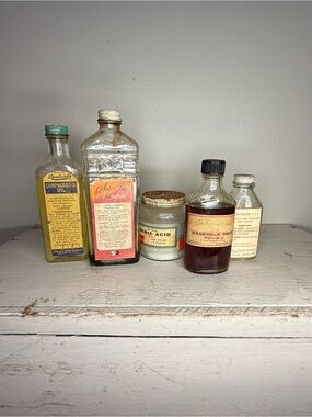 Vintage Apothecary Bottles and Tin - Assorted Amber, Clear, Cream Labels